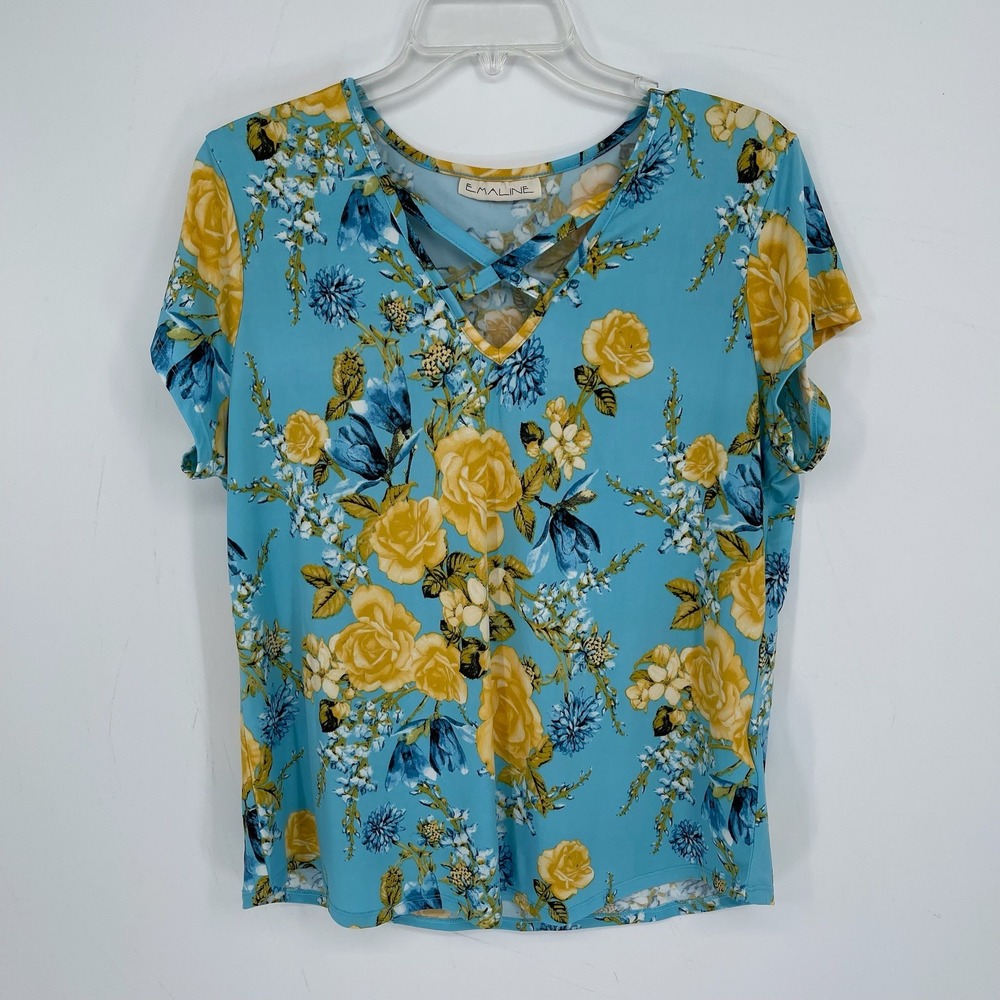 Emaline Women's Blue‎ Floral Strappy Criss Cross V-Neck Short Sleeve Top Size L